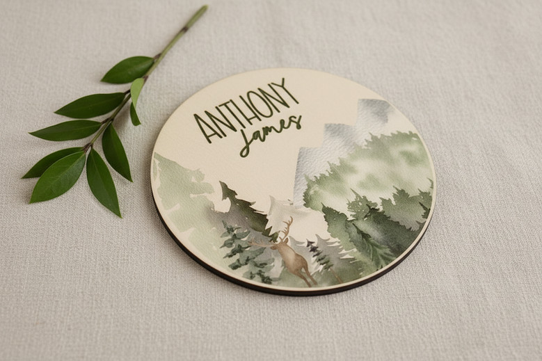 Forest Friends Peaks Personalized Mountain Nursery Round Wood Sign