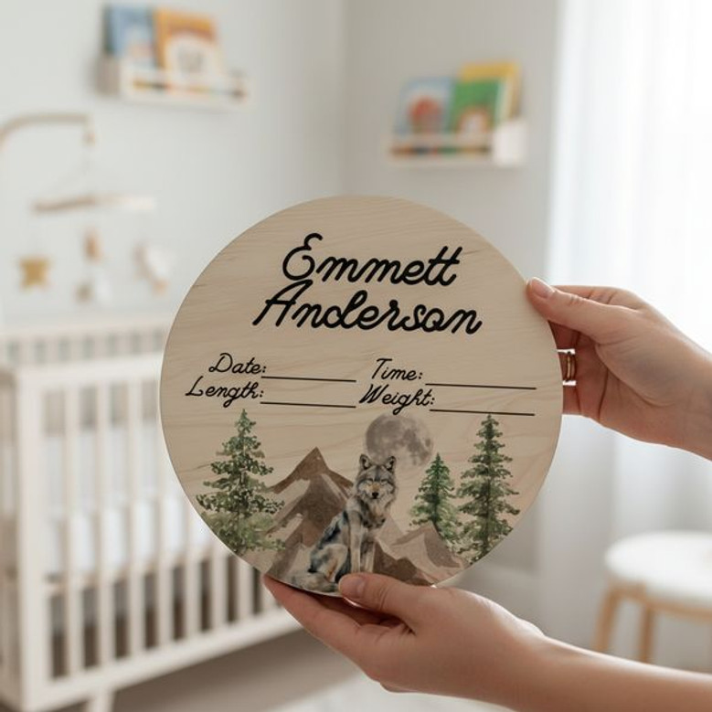 His First Woodland Keepsake Wolf Mountain Round Wood Sign