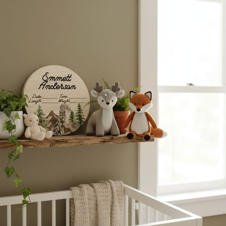 His First Woodland Keepsake Wolf Mountain Round Wood Sign