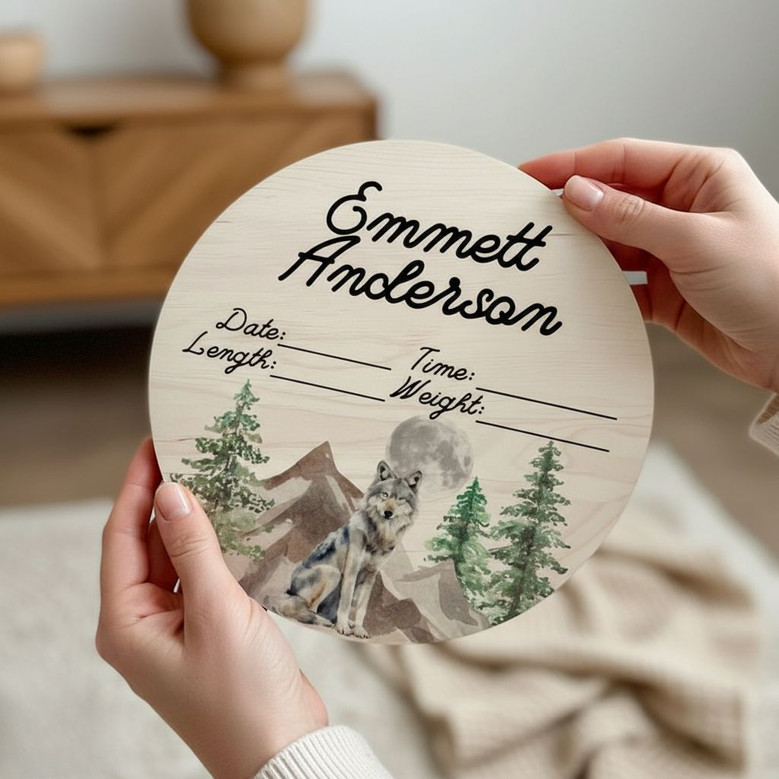His First Woodland Keepsake Wolf Mountain Round Wood Sign