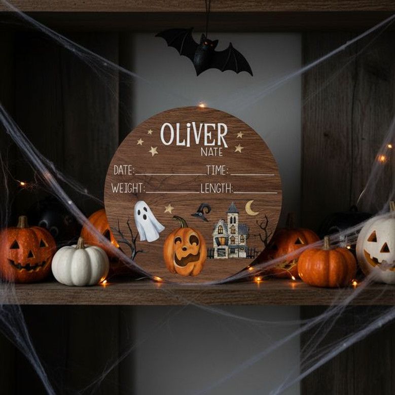 Little Pumpkin Custom Halloween Nursery Round Wood Sign Birth Stats