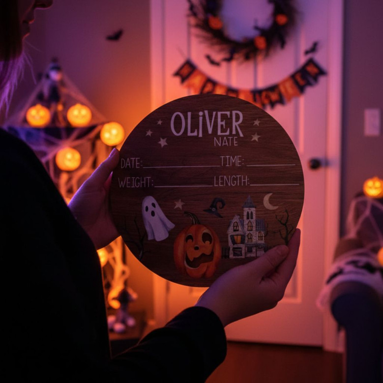 Little Pumpkin Custom Halloween Nursery Round Wood Sign Birth Stats