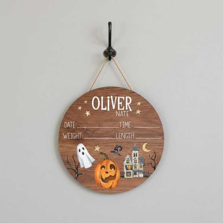 Little Pumpkin Custom Halloween Nursery Round Wood Sign Birth Stats