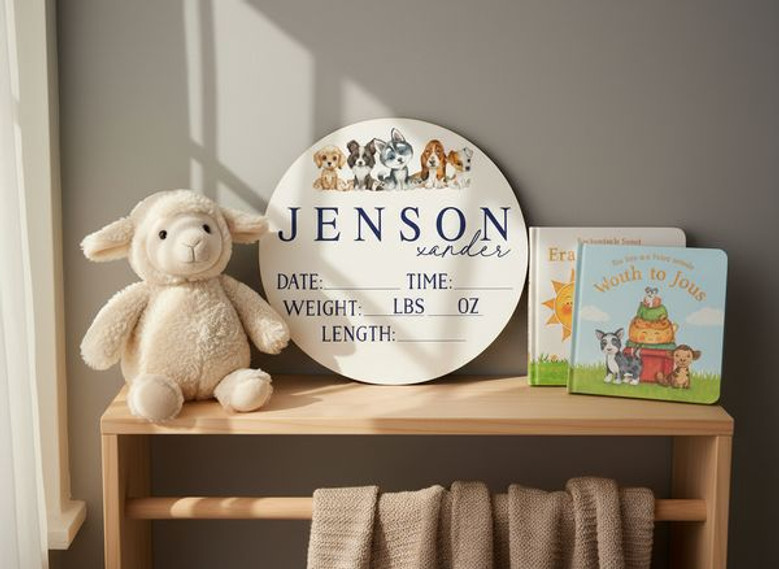 Newborn Puppy Stats Personalized Animal Round Wood Sign