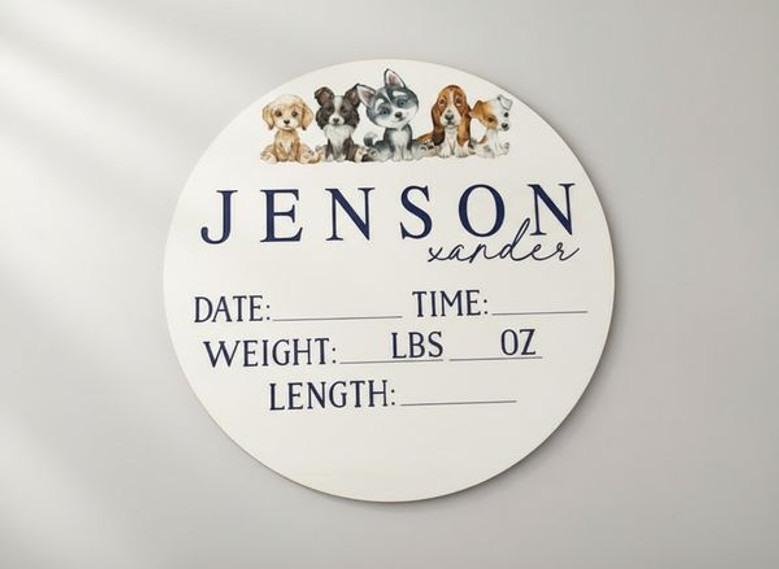 Newborn Puppy Stats Personalized Animal Round Wood Sign