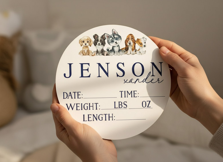 Newborn Puppy Stats Personalized Animal Round Wood Sign