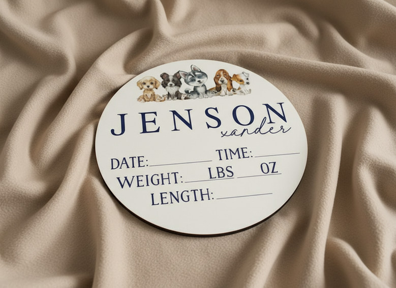 Newborn Puppy Stats Personalized Animal Round Wood Sign
