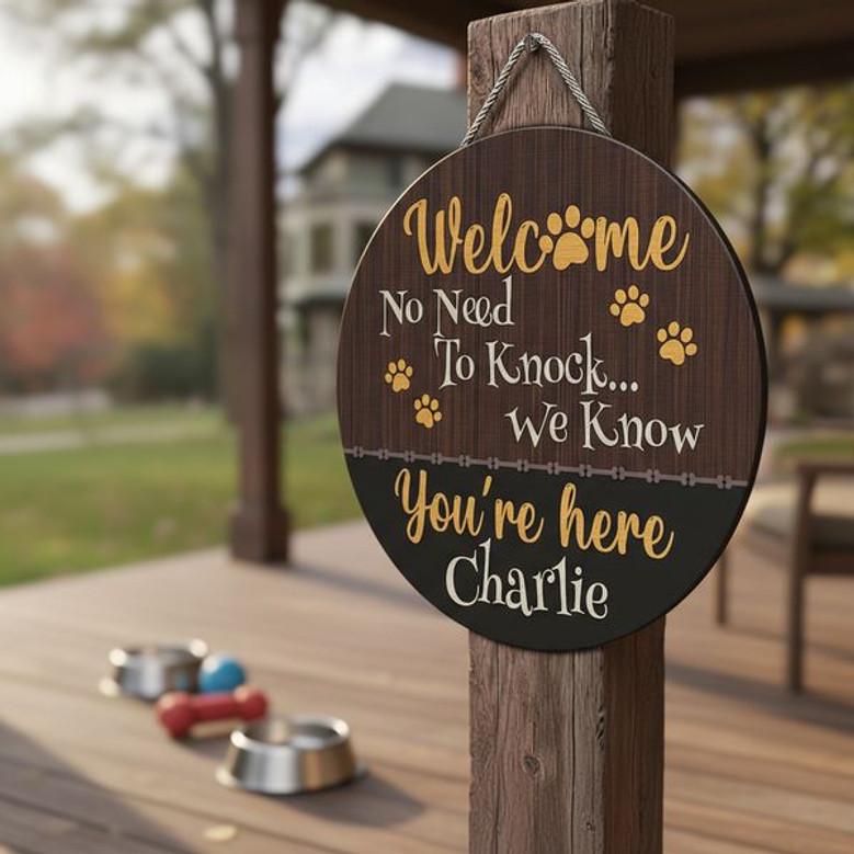 No Need to Knock Custom Dog Animal Round Wood Sign