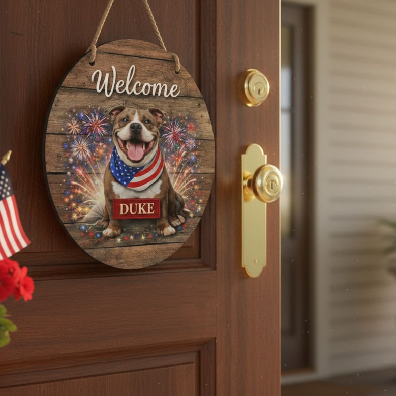 Patriotic Paws USA Anniversary Animal Round Wood Sign