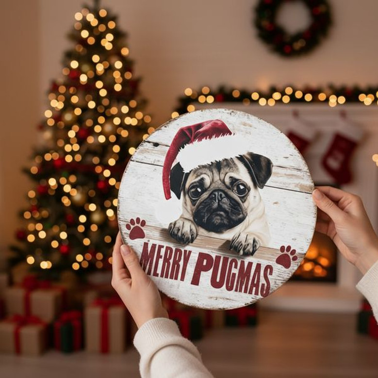 Pug Dog Rustic Christmas Animal Round Wood Sign Porch Decor