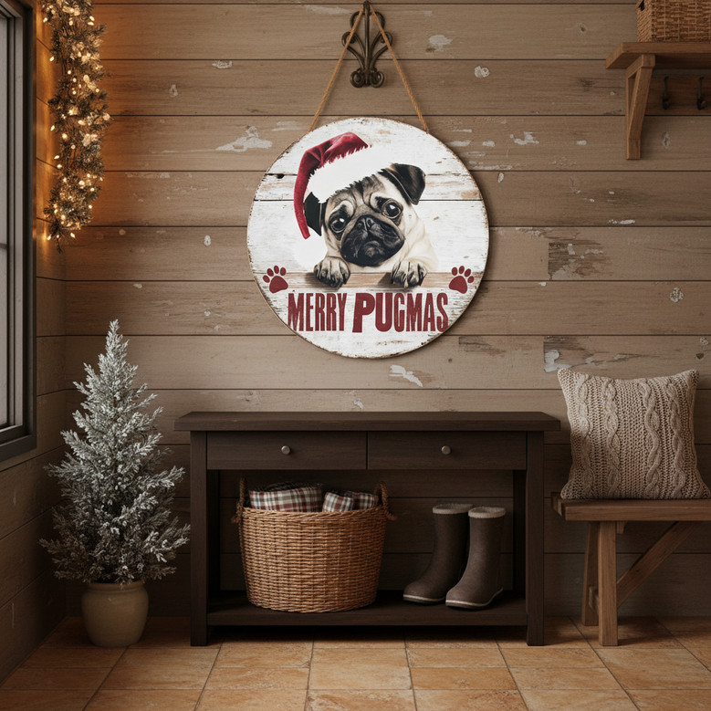 Pug Dog Rustic Christmas Animal Round Wood Sign Porch Decor