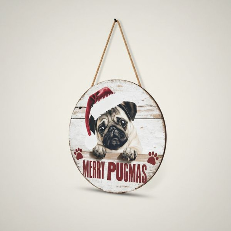 Pug Dog Rustic Christmas Animal Round Wood Sign Porch Decor