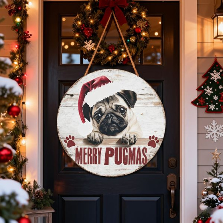 Pug Dog Rustic Christmas Animal Round Wood Sign Porch Decor