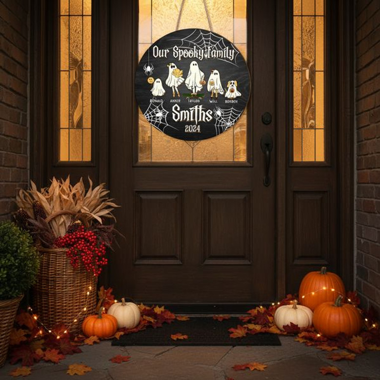 Spooky Ghost Family Custom Halloween Round Wood Sign