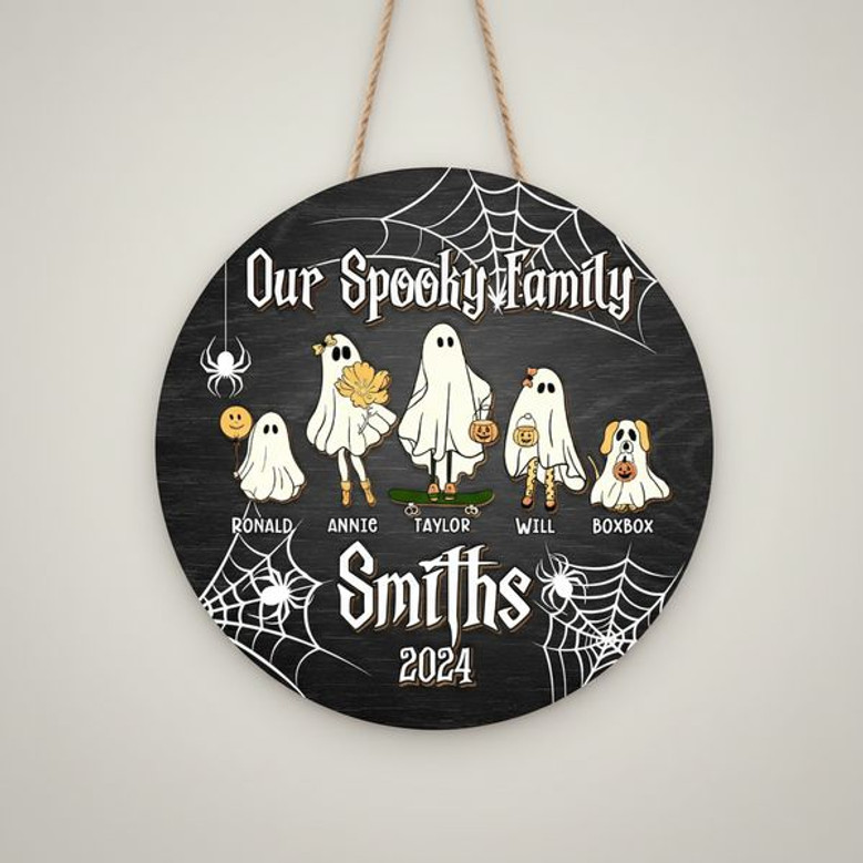 Spooky Ghost Family Custom Halloween Round Wood Sign