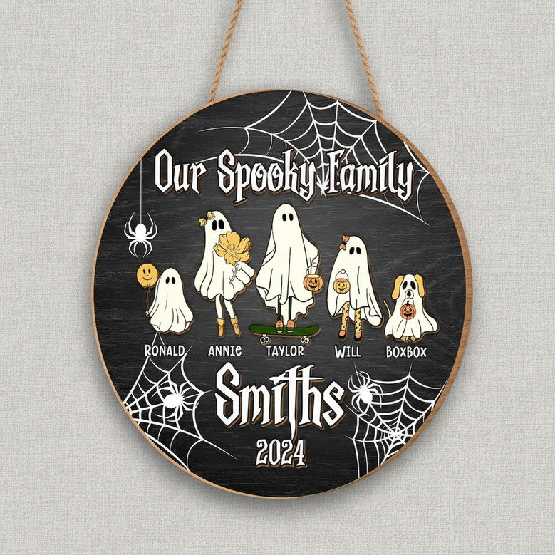 Spooky Ghost Family Custom Halloween Round Wood Sign