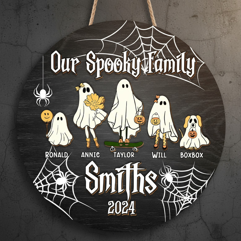 Spooky Ghost Family Custom Halloween Round Wood Sign