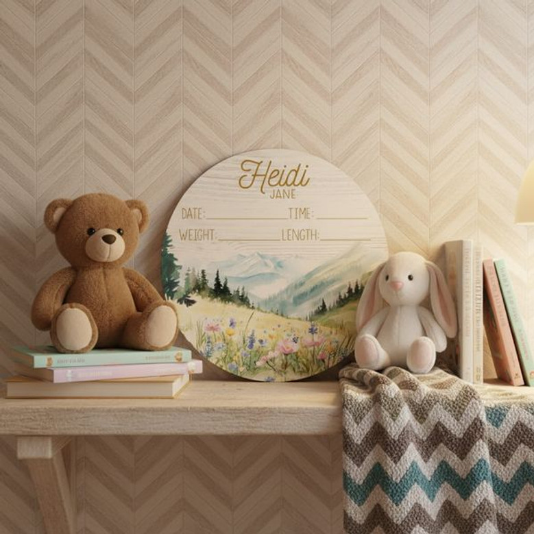 Wildflower Peaks Personalized Mountain Round Wood Sign for Nursery