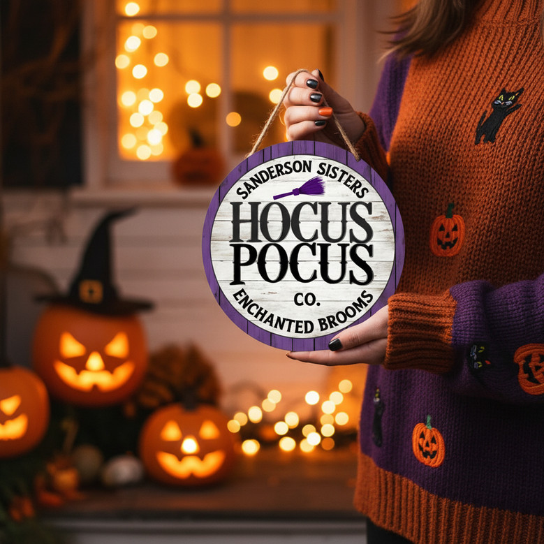 Witchy Charm Hocus Pocus Halloween Round Wood Sign