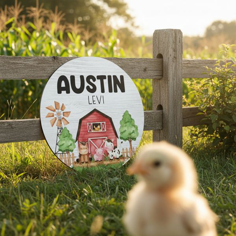 Adorable Personalized Nursery Farm Round Wood Sign