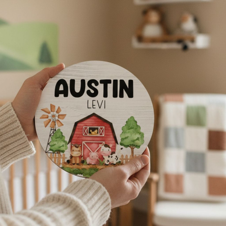 Adorable Personalized Nursery Farm Round Wood Sign