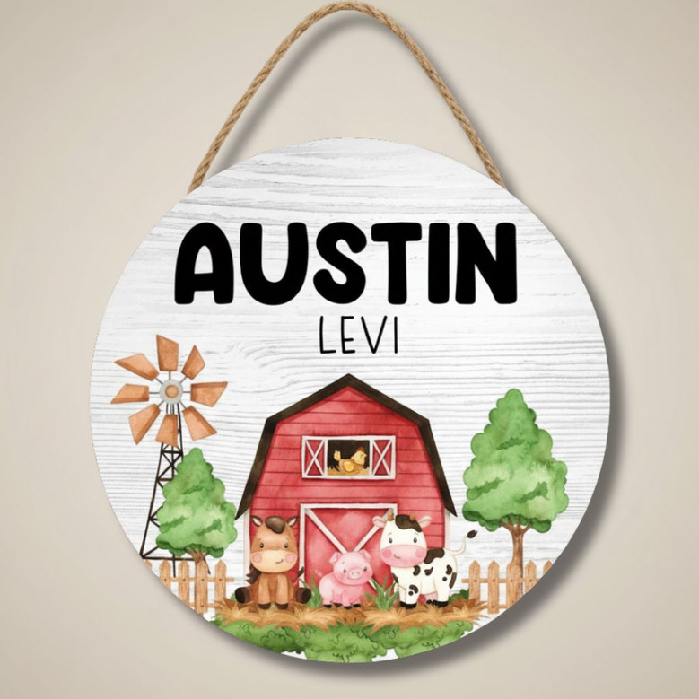 Adorable Personalized Nursery Farm Round Wood Sign
