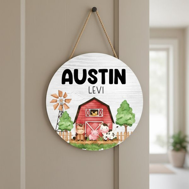 Adorable Personalized Nursery Farm Round Wood Sign