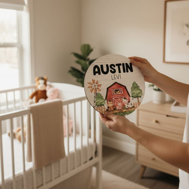 Adorable Personalized Nursery Farm Round Wood Sign