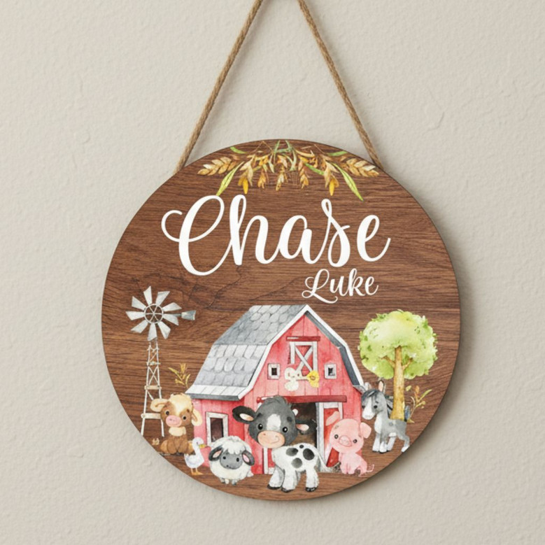 An Animal-Themed Farm Round Wood Sign to Celebrate Your Baby