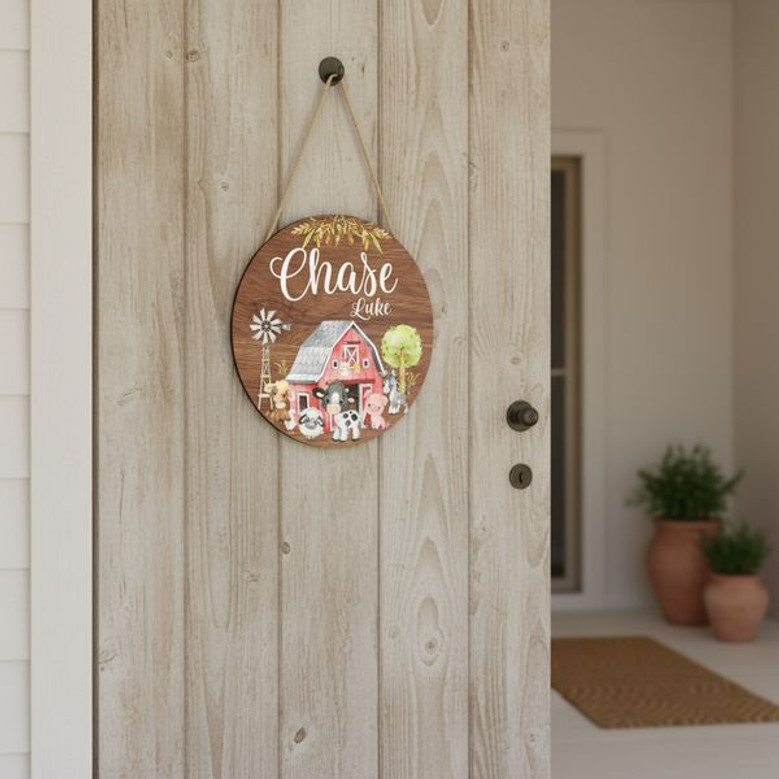 An Animal-Themed Farm Round Wood Sign to Celebrate Your Baby