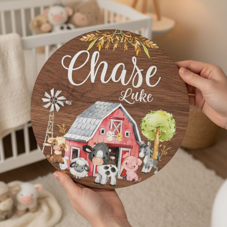 An Animal-Themed Farm Round Wood Sign to Celebrate Your Baby