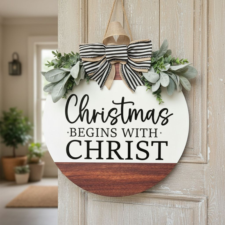 Faithful Christmas Round Wood Sign, Christ-Centered Porch Decor