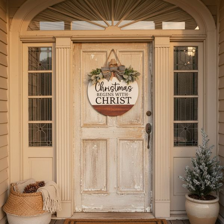 Faithful Christmas Round Wood Sign, Christ-Centered Porch Decor