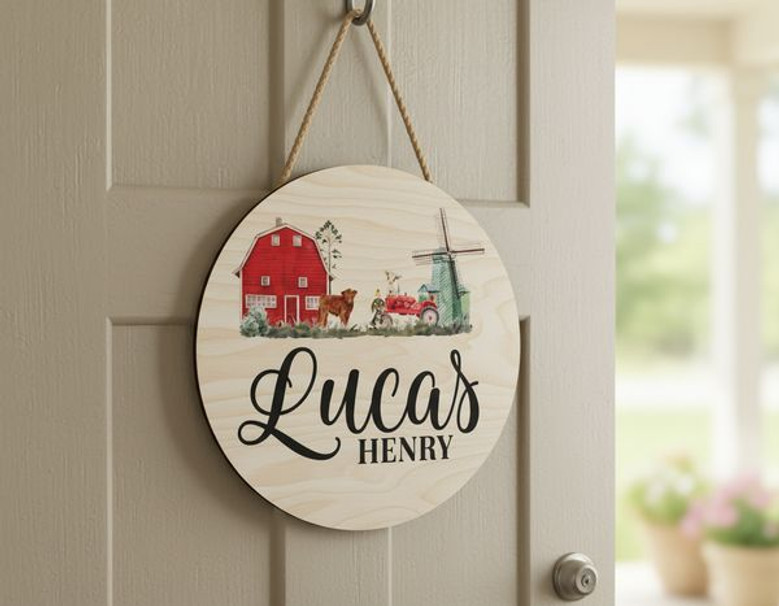 Farm Round Wood Sign for a Sweet Nursery Birth Announcement