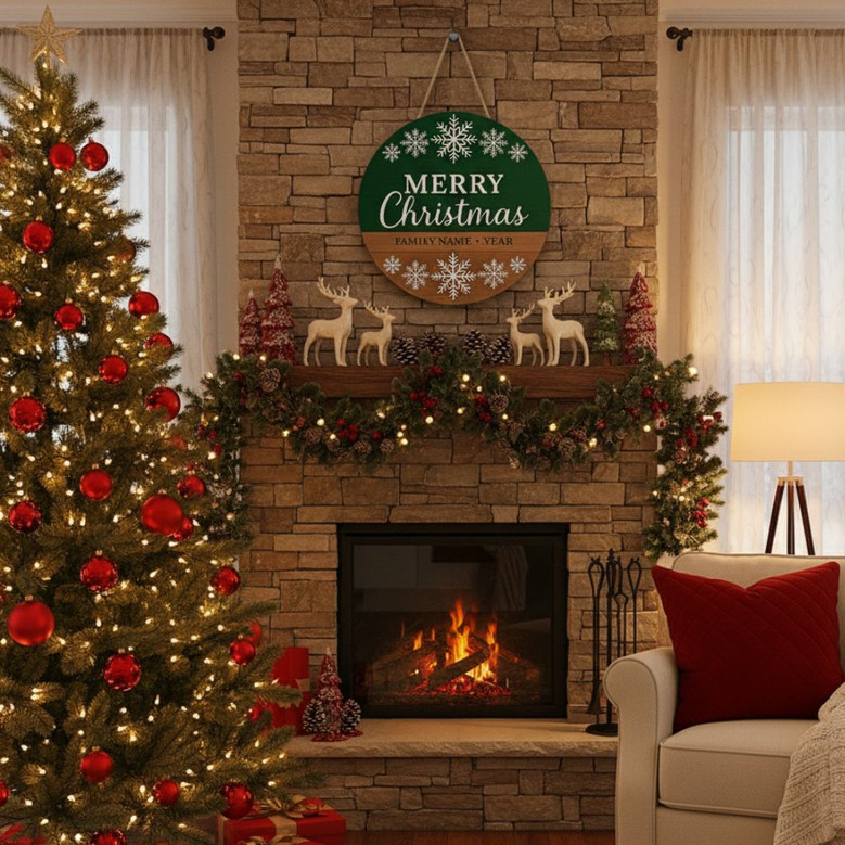 Personalized Christmas Round Wood Sign, Festive Holiday Keepsake