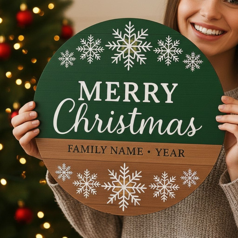 Personalized Christmas Round Wood Sign, Festive Holiday Keepsake