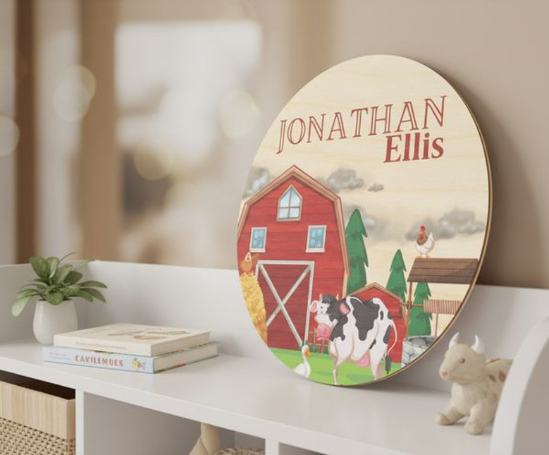 Personalized Nursery Farm Round Wood Sign for Your Baby
