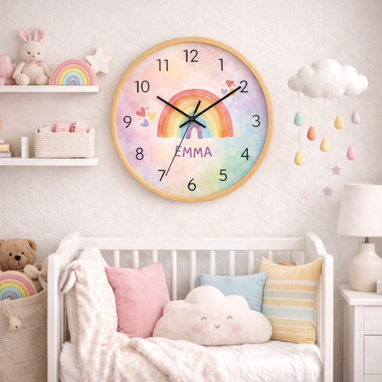 Boho Rainbow Nursery Charm - Personalized Wall Clock for Kids