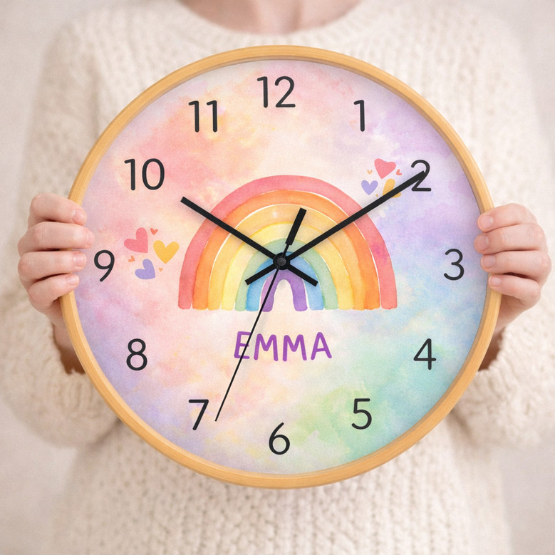 Boho Rainbow Nursery Charm - Personalized Wall Clock for Kids