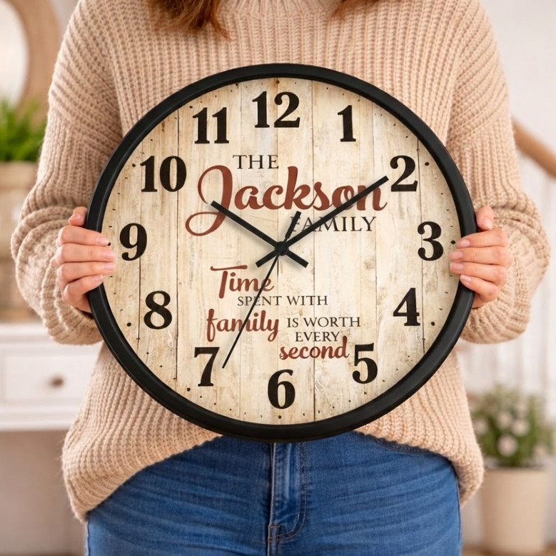 Rustic Farmhouse Personalized Wall Clock with Custom Family Name