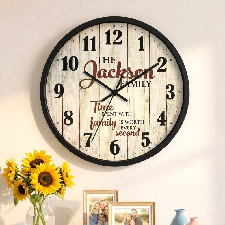 Rustic Farmhouse Personalized Wall Clock with Custom Family Name