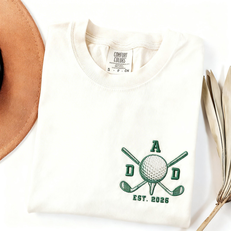 Custom Golf Dad's First Day Embroidered Comfort Colors T-shirt