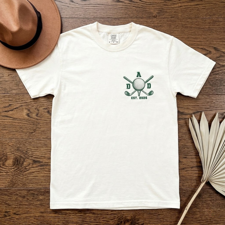 Custom Golf Dad's First Day Embroidered Comfort Colors T-shirt