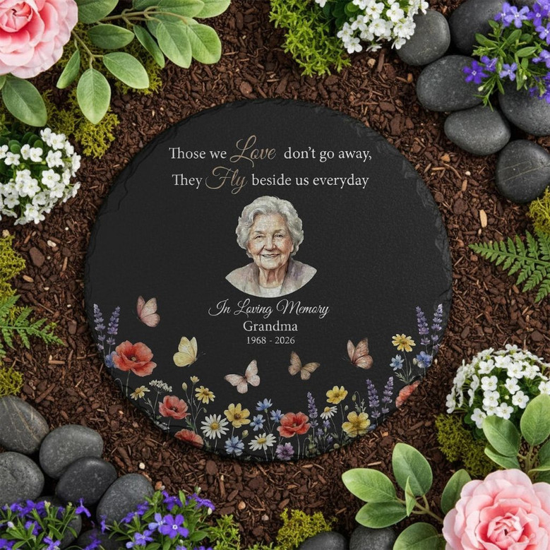 Timeless Honor Round Slate Photo Memorial Garden Stone Timeless Honor Round Slate Photo Memorial Garden Stone