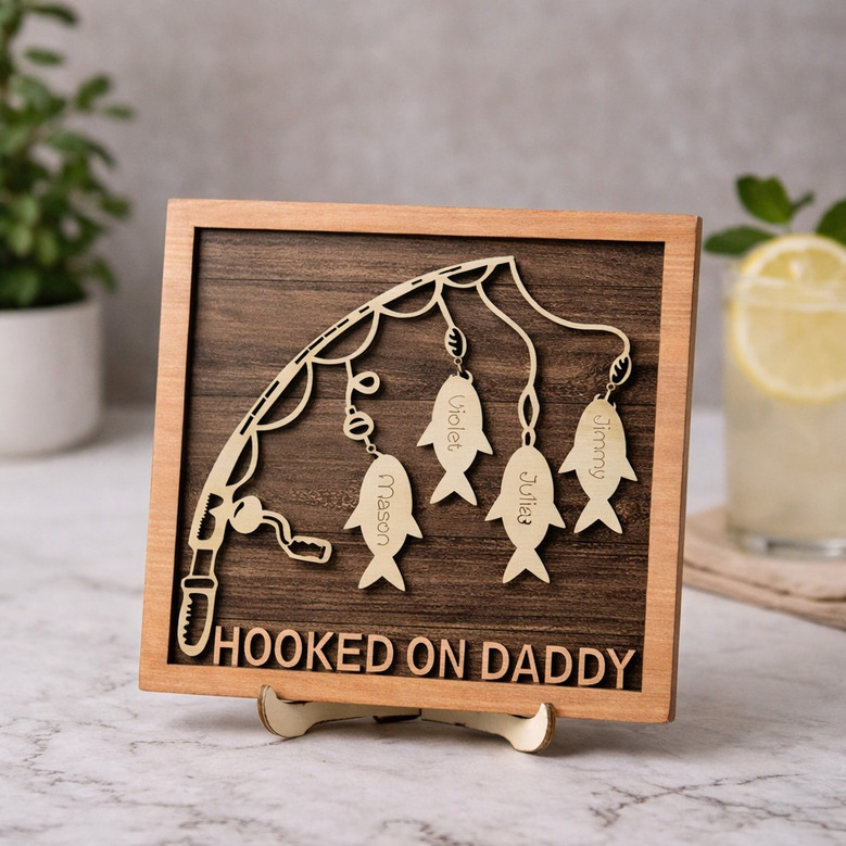 Hooked on Dad Custom Fishing Wood Sign with Kids Names