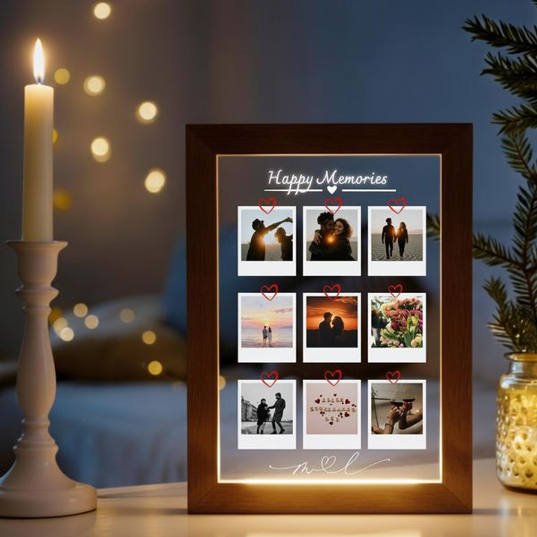 9 Photo Wood Collage Anniversary Memory Photo Frame Lamp