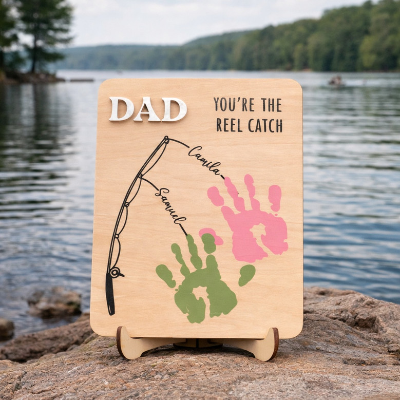 Handmade Fishing Memory Wood Sign - Custom Handprint Art for Dad Handmade Fishing Memory Wood Sign - Custom Handprint Art for Dad