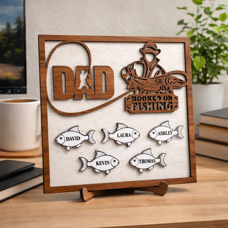 Hooked on Dad Custom Fishing Wood Sign - Family Name Plaque