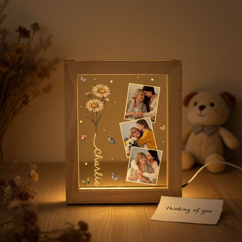 Floral Birth Month Photo Frame Lamp Moms Garden Custom Gift Floral Birth Month Photo Frame Lamp Moms Garden Custom Gift