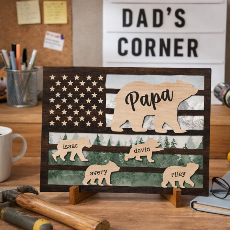 Papa Bear Wood Sign - Custom 3D Engraved Names Gift for Dad